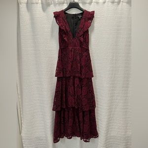 Molinetto Burgundy Lace Ruffled Tiered Sleeveless Maxi Dress
